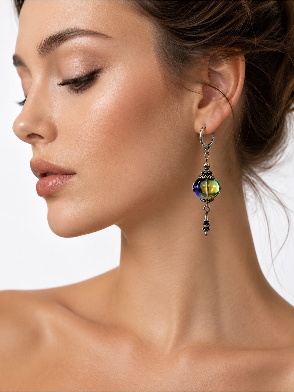 Iridescent Czech Glass Boho Earrings, Silver Dangle, MTO - Picture 4 of 11